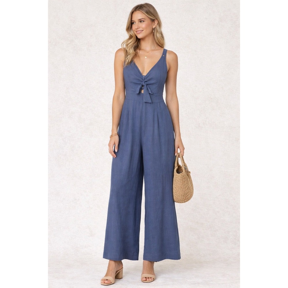 Anrabess Women‎ Blue Linen Blend Tie Front Wide Leg Cutout Jumpsuit Small NWT